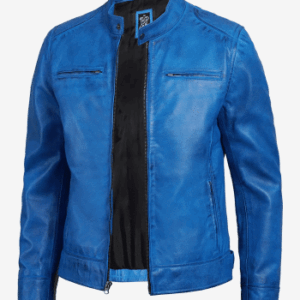 Mens Real Lambskin Leather Blue Cafe Racer Jacket