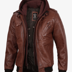 Mens Brown Leather Bomber Jacket With Removable Hood