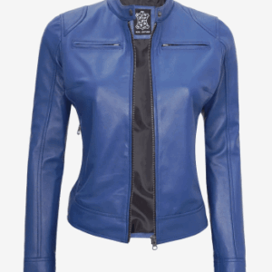 Bigger Discount 34% OFF Women's Blue Cafe Racer Leather Jacket