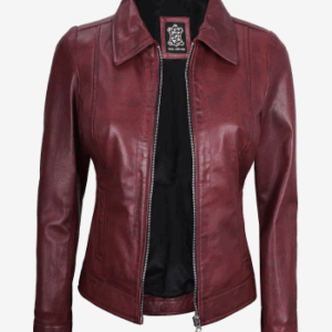 Womens Shirt Collar Maroon Leather Jacket
