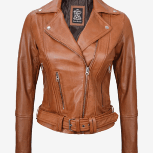 Women's Asymmetrical Belted Brown Leather Jacket