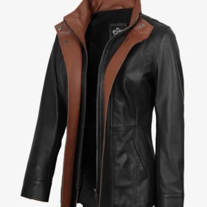 Womens High-Collar Black Leather Jacket With Brown Details